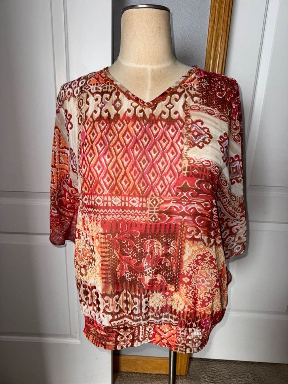 Chicos Sheer Top Size 3 (Womens 16) Red Orange Blouse Short Sleeve Flowy